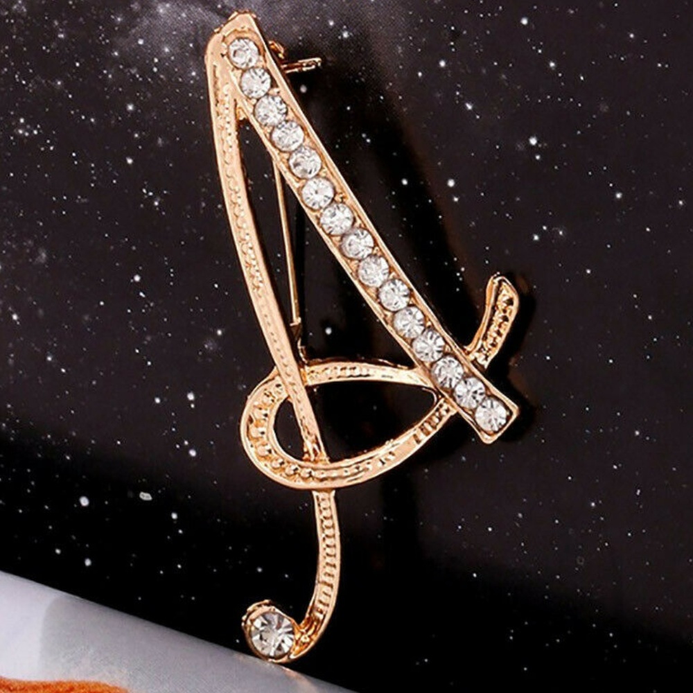 Gold Initial A Brooch Cursive Script Rhinestone Letter Pin Monogram Gift - Picture 2 of 4